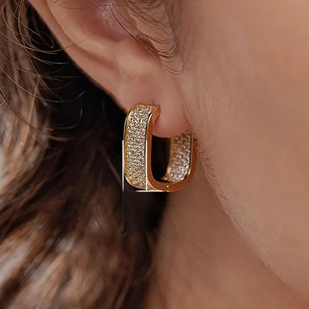 Luxury Full of Zircon Shiny Geometric Square Hoop Earrings for Women Temperament Gold Color Stainless Steel Korea Jewelry Gift
