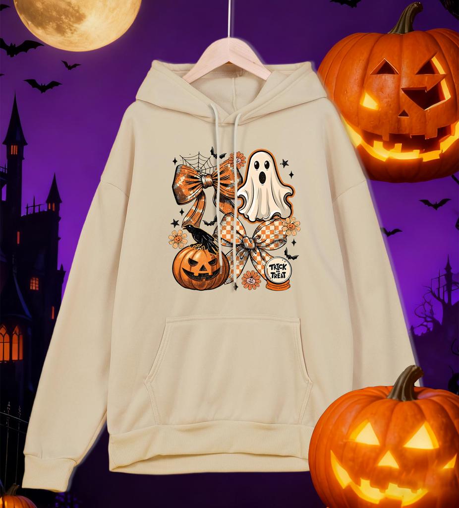 Happy Halloween Creative Bow Ghost Design Hoodies Men Pocket Autumn Hoody Casual Fleece Streetwear Oversized All-Match Pullovers