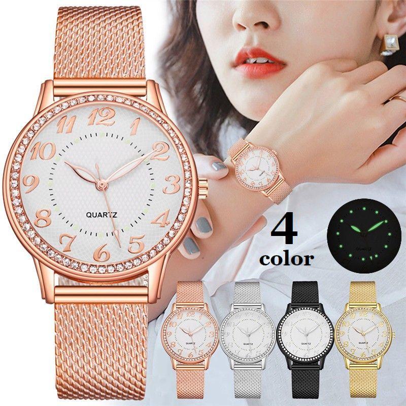 Free Shipping Wristwatch List Watch Ladies Quartz Analog Round Circular Rhinestone Womens Night Glow Shines Dark Gold Color Silver Elegant Stylish Day