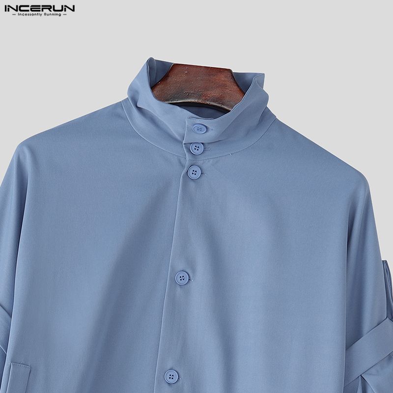 INCERUN Oversized Men Stand Neck Bow Knot Long Sleeve Casual Loose Shirts Tops