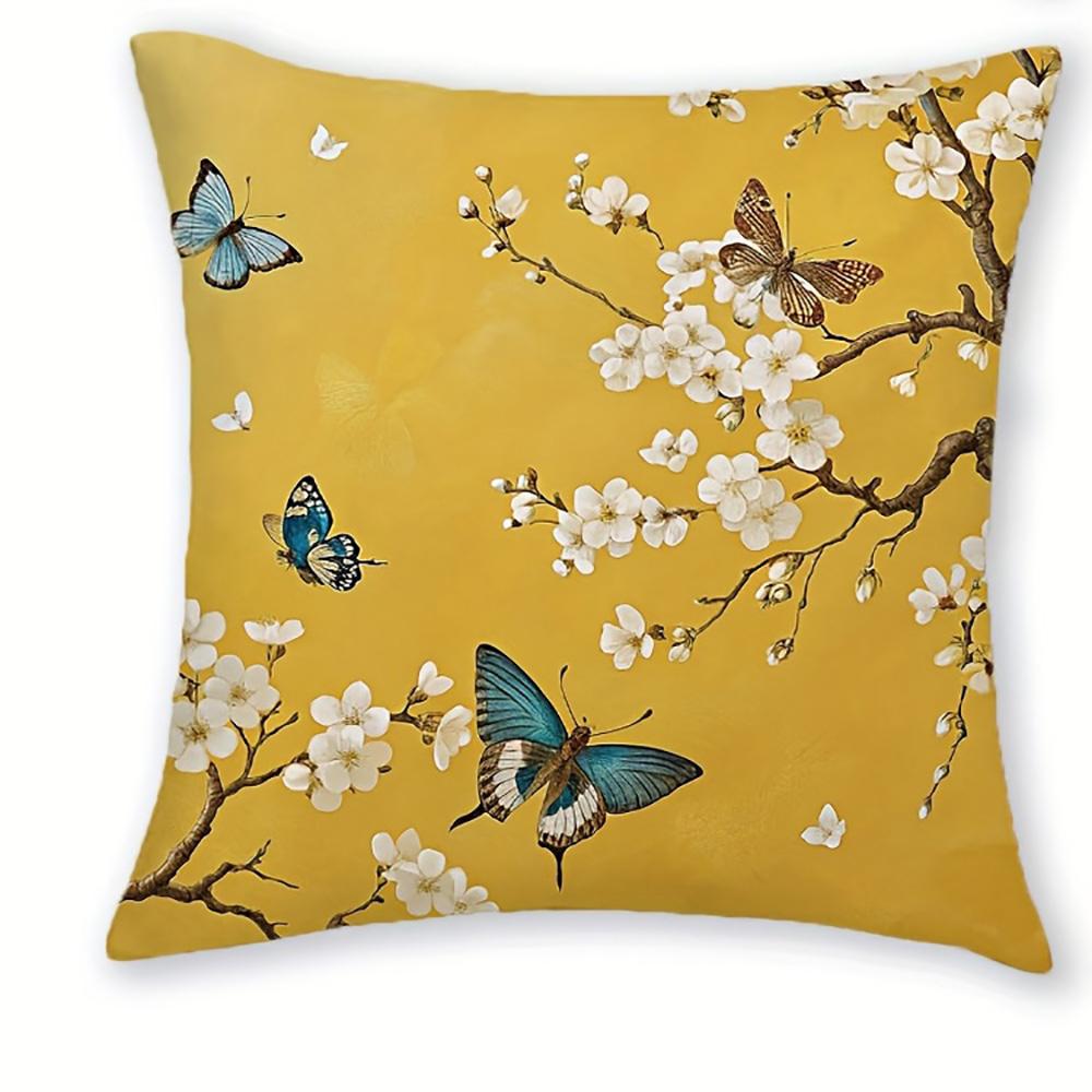 1/4pcs Yellow Pillowcases with Floral and Bird Motifs Sofa Cushion Cover Home Bedroom Room Decoration