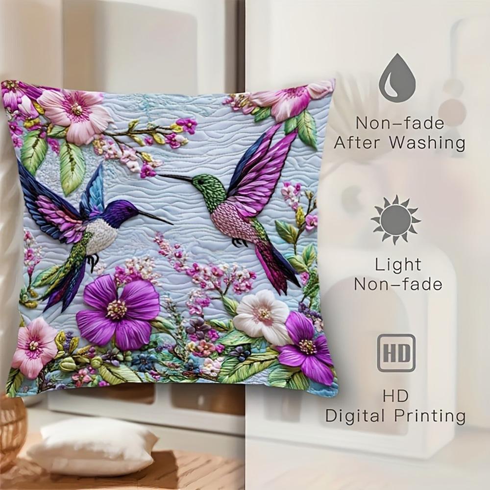 Exquisite Quilted Pillowcases with Vivid Hummingbird and Flower Patterns Sofa Cushion Cover Home Room Decoration