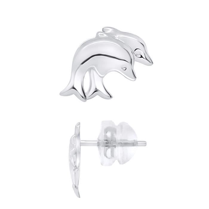 LEA &; ARTHUR - Orecchini per bambini 2 DELFINI Motivi 375 millesimi in oro bianco - Sistema passeggino SILICONOR - Gioielli per bambini