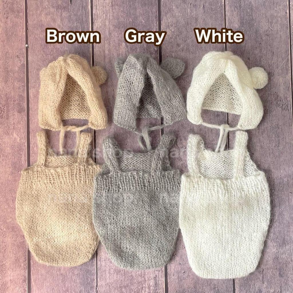 Baby Knit Outfit Bear Ear Bonnet Hat and for Newborn Photo Half 100th Day Celebration 6 Months [NANA's Shop] Set, Overalls, Shoot, Beige, White, Gray,
