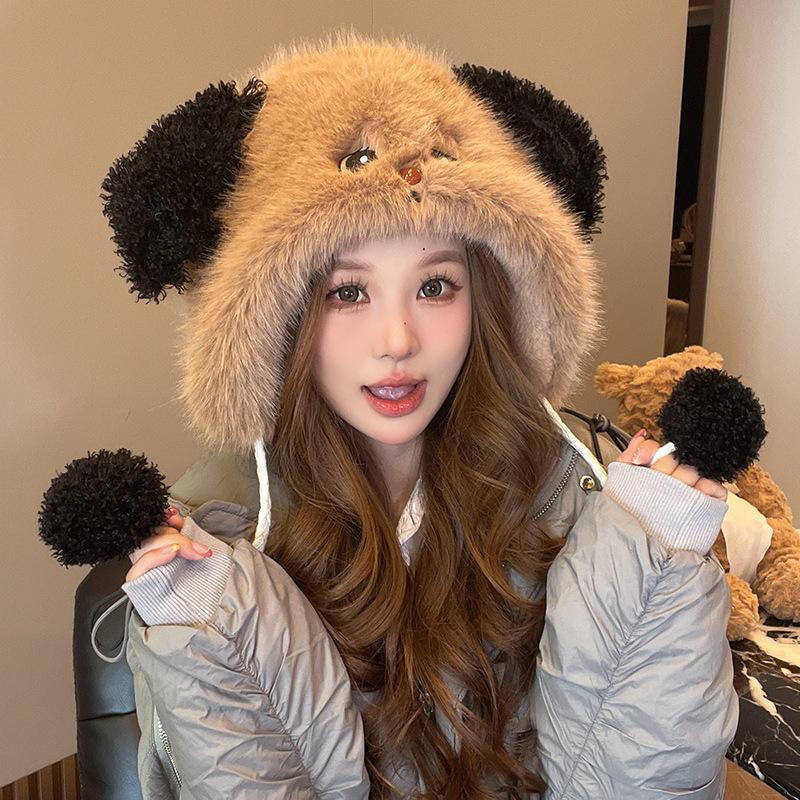 

Милая плюшевая шапка в виде щенка для женщин с универсальными цветными ушками, мультяшная шапка для защиты ушей осенью и зимой, подчеркивающая лицо, маленькая вязаная шапка M（56-58cm）