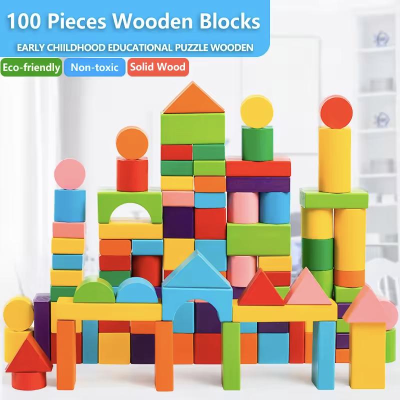 Colorful large particle children's wooden assembled building blocks, baby early education puzzle enlightenment toys