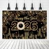 Black Gold 2026 New Year Backdrops Colorful Balloon Night Glittering Celebration Banner Champagne Polyester Party Background