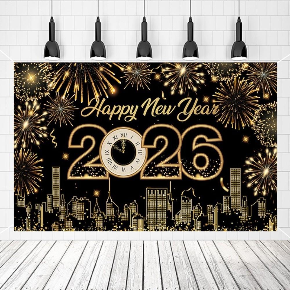 Black Gold 2026 New Year Backdrops Colorful Balloon Night Glittering Celebration Banner Champagne Polyester Party Background