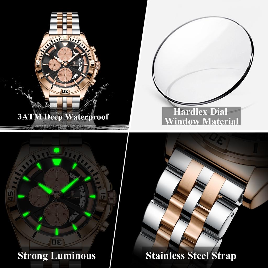 Men Chronograph Watches Stainless Steel Analog Quartz Wrist Watch Waterproof Luminous Date Business Dress Watch for Men