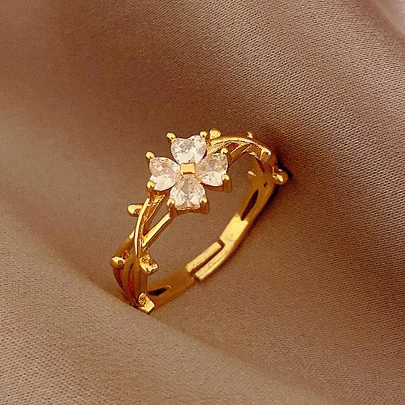 1pc Zirconia Flower Leaf Open Ring, Luxury Adjustable Finger Ring, Versatile Chic Hand Ornament Valentines