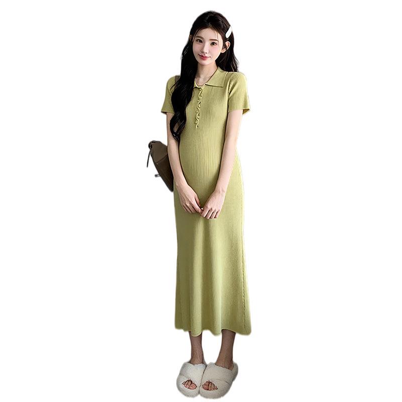 Korean Style Maternity Knit Dress - Plus Size Polo Collar, Loose Fit (2026 Collection)