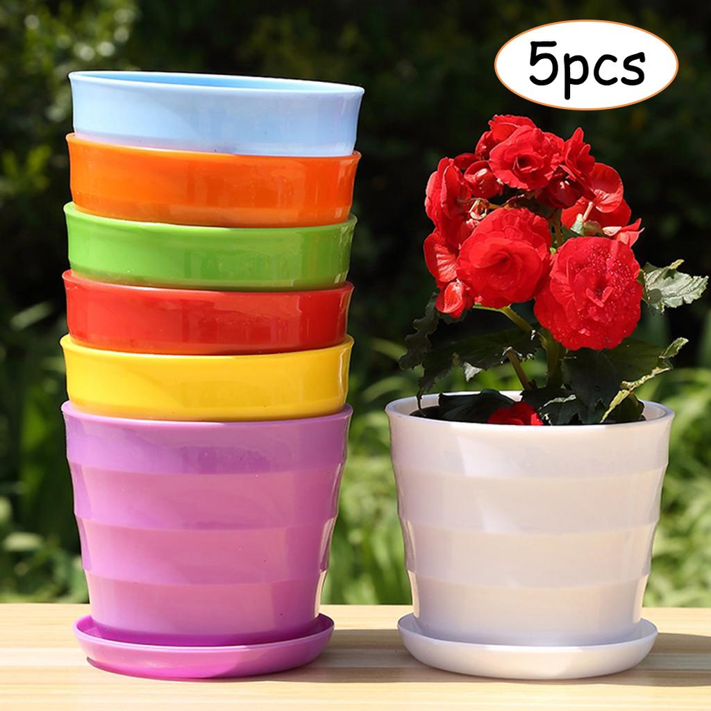 5pcs Colorful Flower Pots Small Round Pots Trays Succulents Herb Plant Flowerpot Office Garden Home Indoor Decor DIY Supply