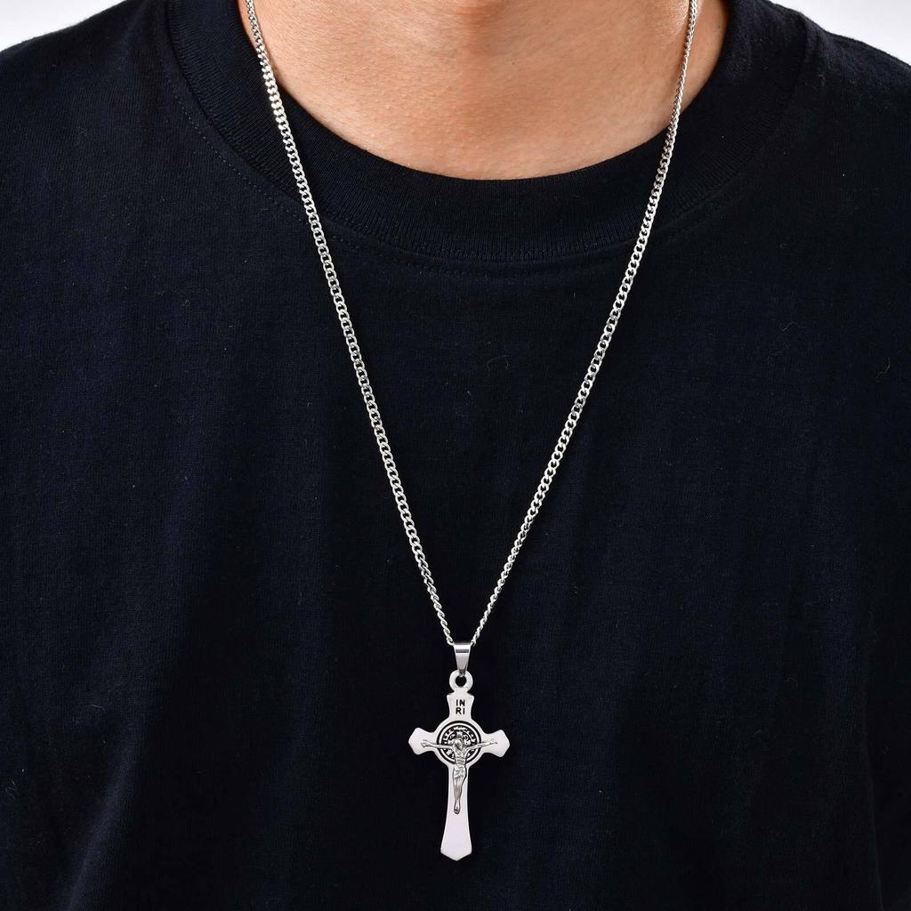 Vnox Stainless Steel Saint Benedict Cross Necklace, 28*53.5mm Jesus Crucifix Pendant Link Chain, Catholic Religious Gift for Men