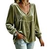 Women's V-Neck Lace Long Sleeve Blouse - Color Loose Fit Top for Everyday Wear