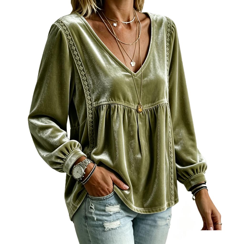 Women's V-Neck Lace Long Sleeve Blouse - Color Loose Fit Top for Everyday Wear