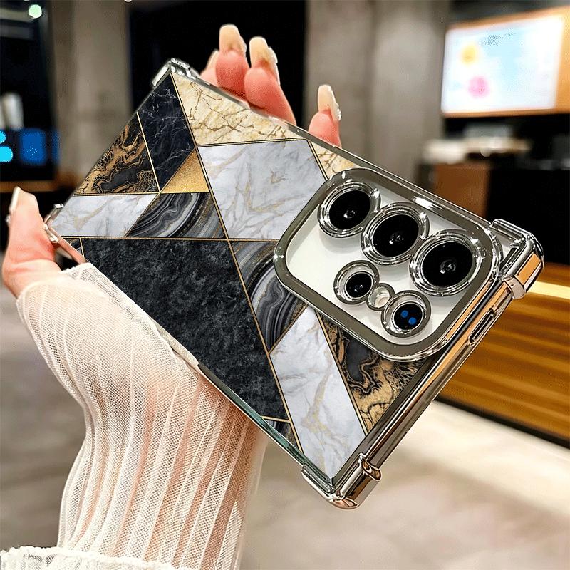 Geometric Marble Pattern Plating Phone Case For Samsung Galaxy S24 S25 FE S26 Edge S23 Ultra S22 S21 Plus S20 Anti-Fall Airabag