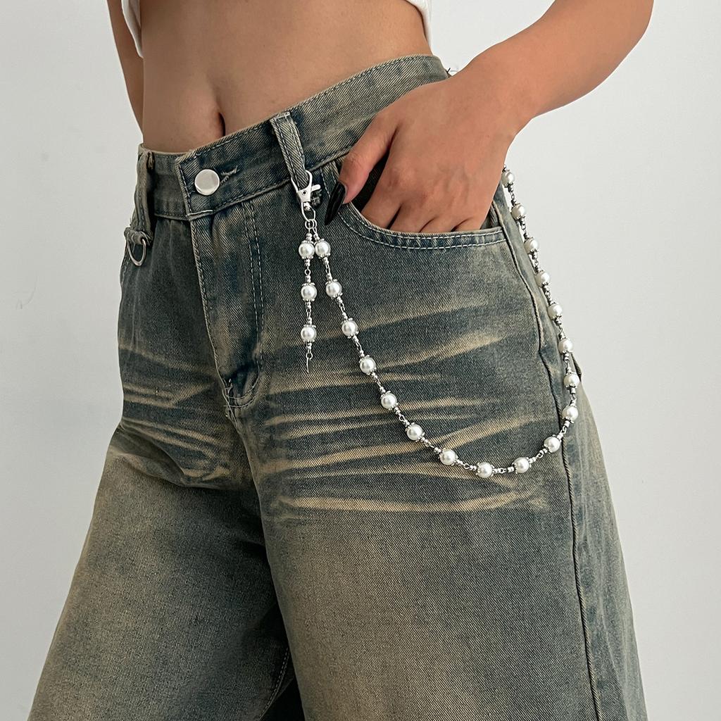 Hip-Hop Metal Cross Pendant Trouser Chain, Fashionable Imitation Pearl Beaded Chain Waist Pendant.