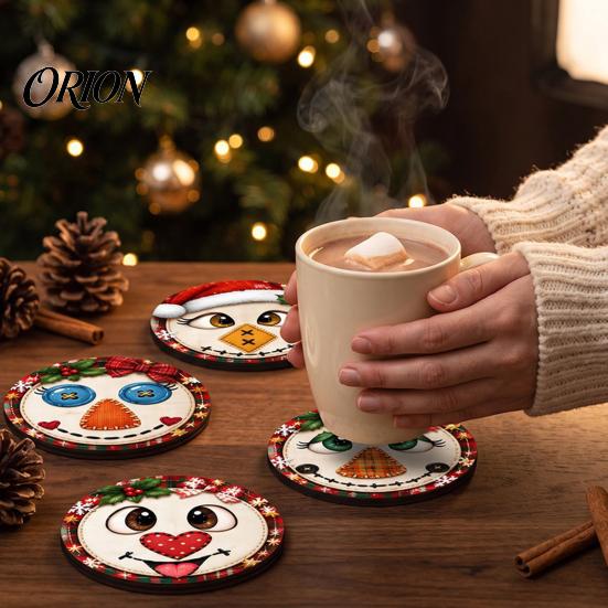 Rustic Wooden Coasters 4Pcs Christmas Snowman Coasters, Cute Face Drink Cup Natural Wood Mats, Heat Resistant UV Printed Tabletop Holiday Decorations