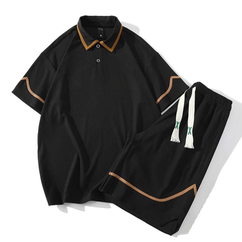 

Летний повседневный костюм, рубашка поло, мужская ретро-пара, футболка с короткими рукавами и лацканами, шорты, комплект из двух предметов M чёрный