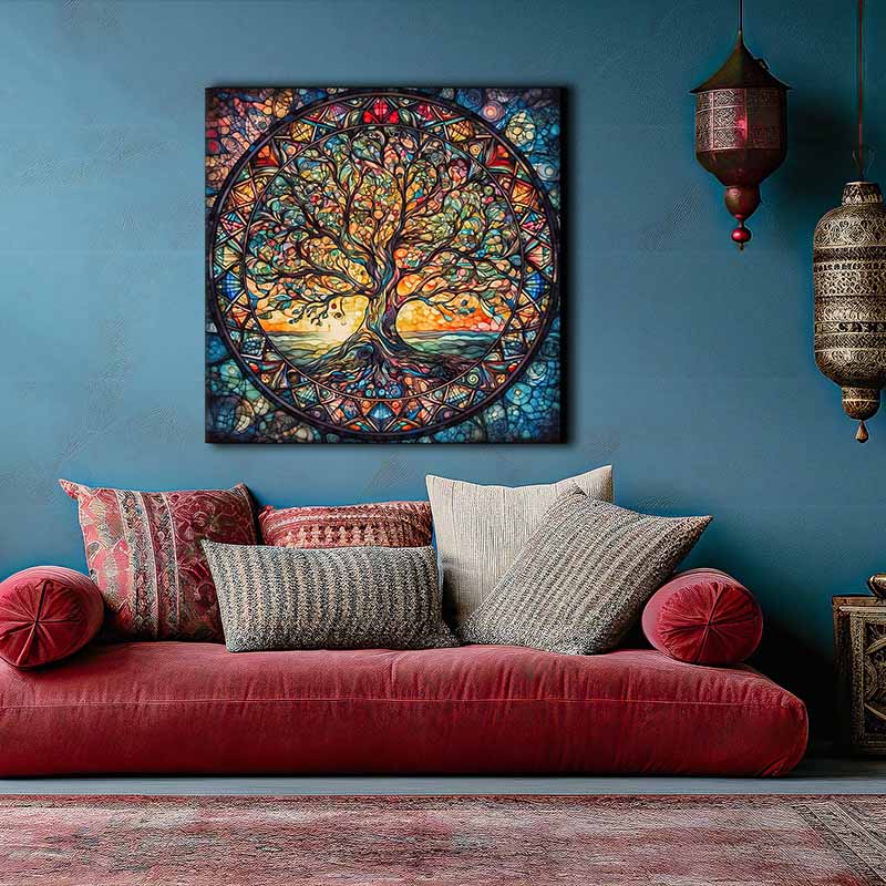 Colorful Glass Oil Painting, Tree of Life, Celtic Mural, Norse Mythology, Gift Tree, Printing and Poster Decoration Core