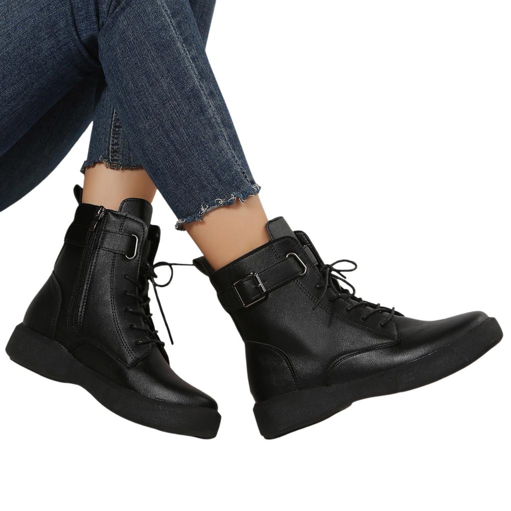 Stivali Britannici a Manica Corta Larghi per Donna con Cinturino Allacciato Stivali in Pelle Retro Larghi Stivali da Donna
