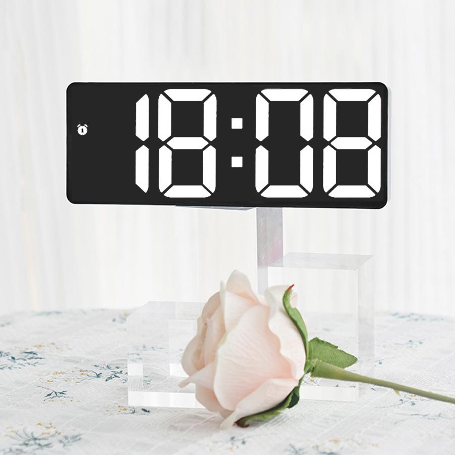 Multifunctional LED digital display alarm clock rectangular mirror clock desktop temperature, voice control, brightness adjustme
