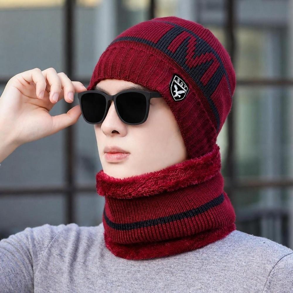 Windproof Neck Warmer Set Plush Lined Hat Scarf Combo Casual Knitted Beanie Set  For Men