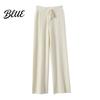 Casual Trousers Women Long Pants Elastic High Waist Wide-Leg Knitted Comfortable Knit with Pockets Solid Color Autumn Winter Warm Lightweight