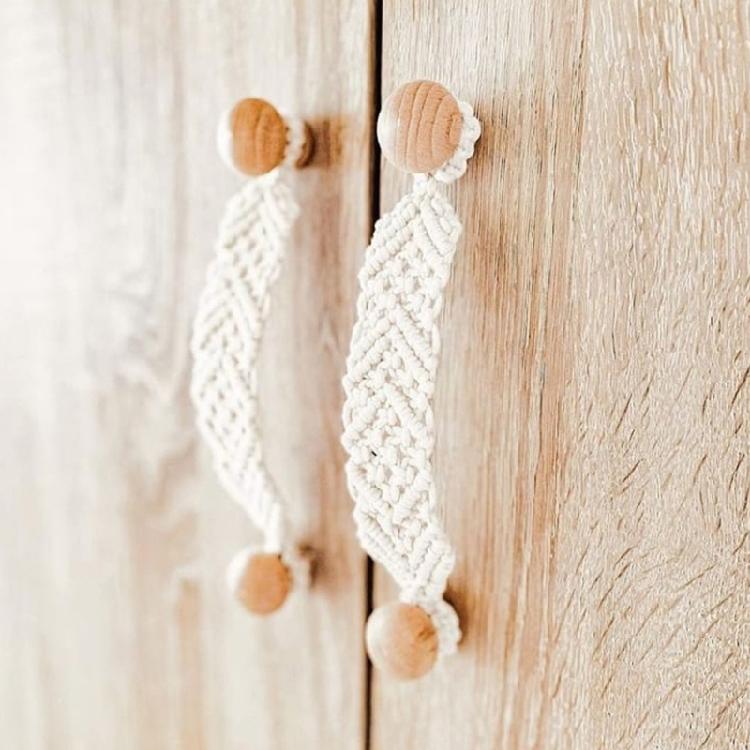 Beech Wood Door Cabinets Handle Drawer Pull Knob Handmade Cotton Rope 19cm
