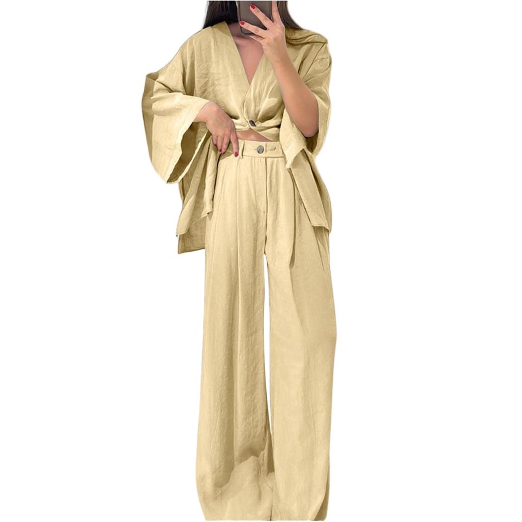 Two Piece Outfits For Women V Neck Button Down Shirt Top And Wide Leg Pants Set Loose Sweatsuits