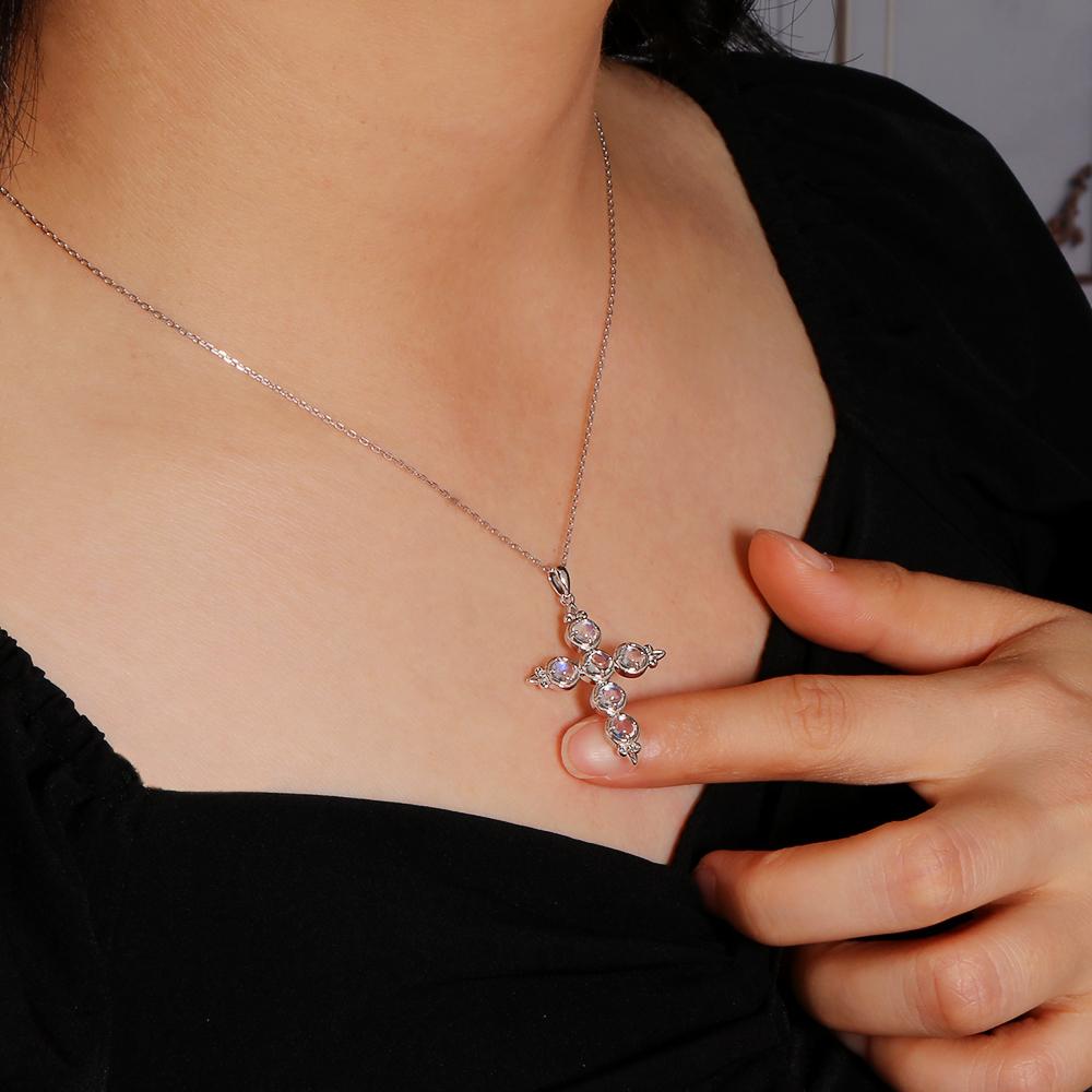 Classic Elegant Natural Blue Moonstone Cross Pendant Necklace 925 Sterling Silver Fine Jewelry Women's Daily Wear Gift