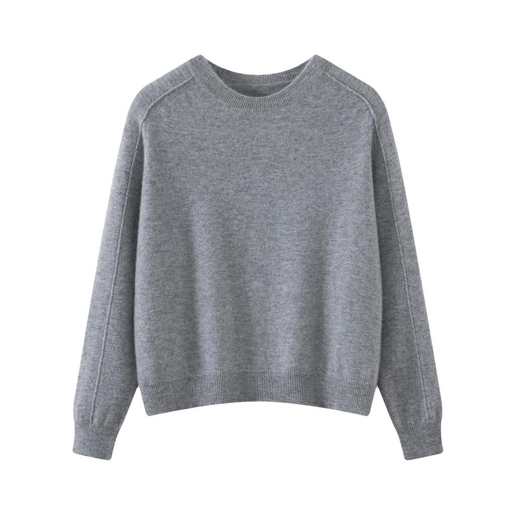 Women's 100% Wool Round Neck Long Sleeve Knitwear - Stylish Slimming Pullover for Autumn/Winter