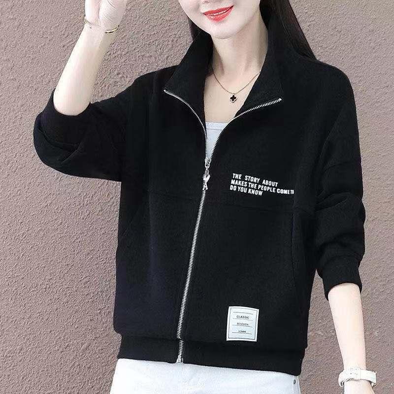 Women's Stand-Up Collar Hoodie Jacket: 250g Large Fish Scales, Loose Plus Size, Slimming, Versatile, Casual Outer for Spring and Autumn.