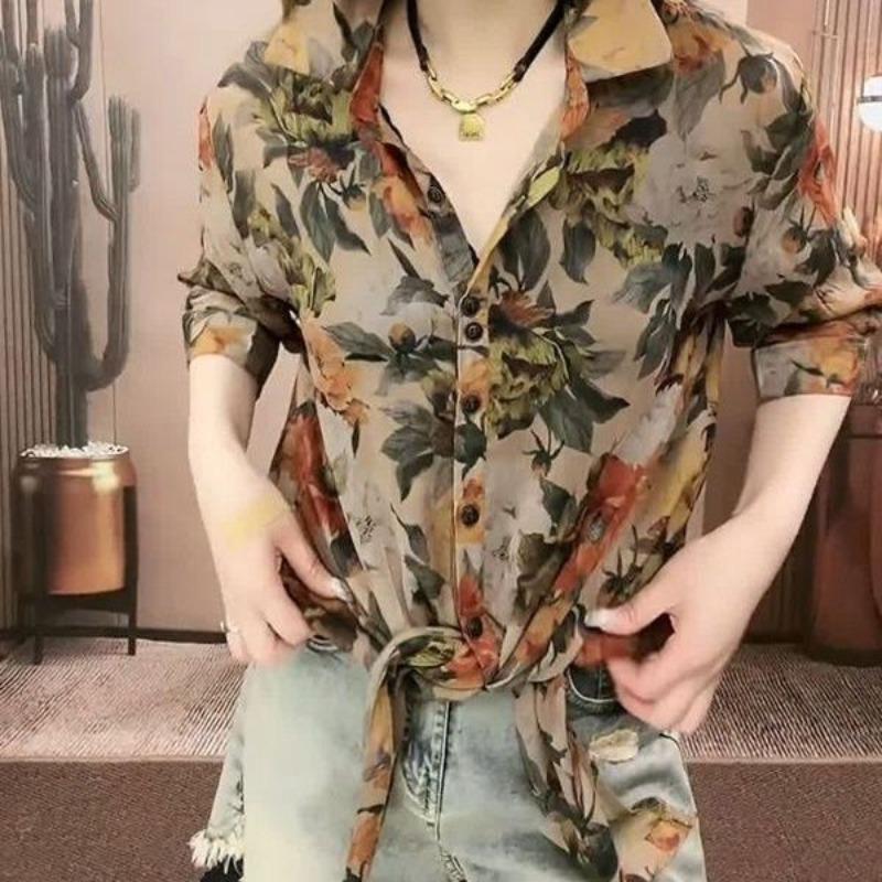 Fashionable Retro Printed Chiffon Blouses 2024 Summer New Women's Polo Neck Button Loose Simple Commute 3/4 Sleeve Shirts Tops