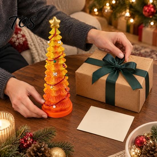 Holiday Window Sill Decoration Resin Christmas Tree Figurine, Gradient Green Orange Tabletop Decor with Star Colorful Statue Topper, Hand-Painted
