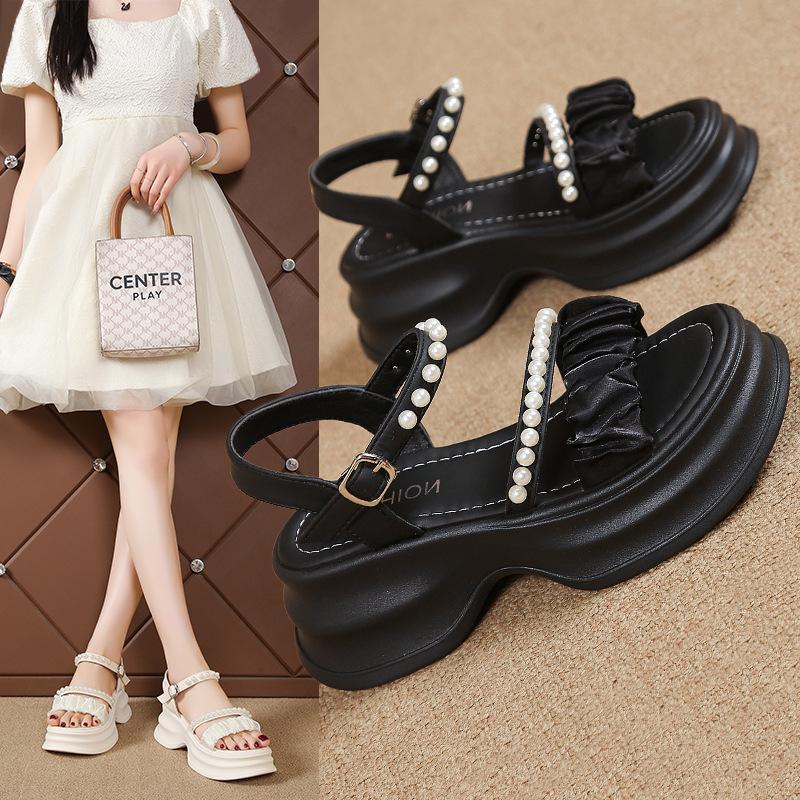 Thick Bottom Sports Sandals Female Summer Pearl One Word Buckle Strap Casual Beach Sandals Fashion Women Summer Shoes Breathable for Hot Weather