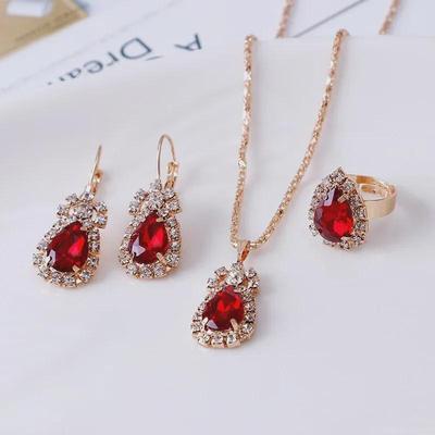 Juego de Joyería de Diamantes Gota de Agua Europeo y Americano: Collar, Pendientes, Anillo – Colección Nupcial Brillante