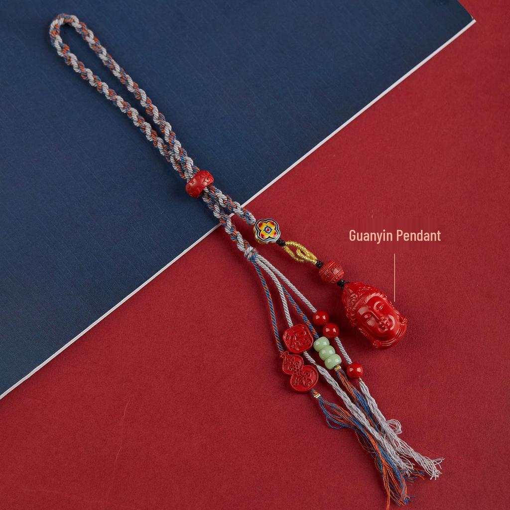 Jingchunlan High Content Cinnabar Red Sand Car Charm with Lucky Cat Guanyin Pixiu
