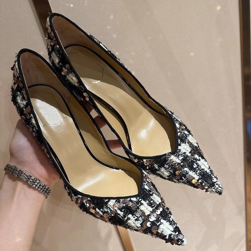 Fashion Spring New High-heeled Women's Fashion Pointy Light Mouth Sequin Cloth Slip-on Slip-on Wear-resistant Fine Heel Shoes