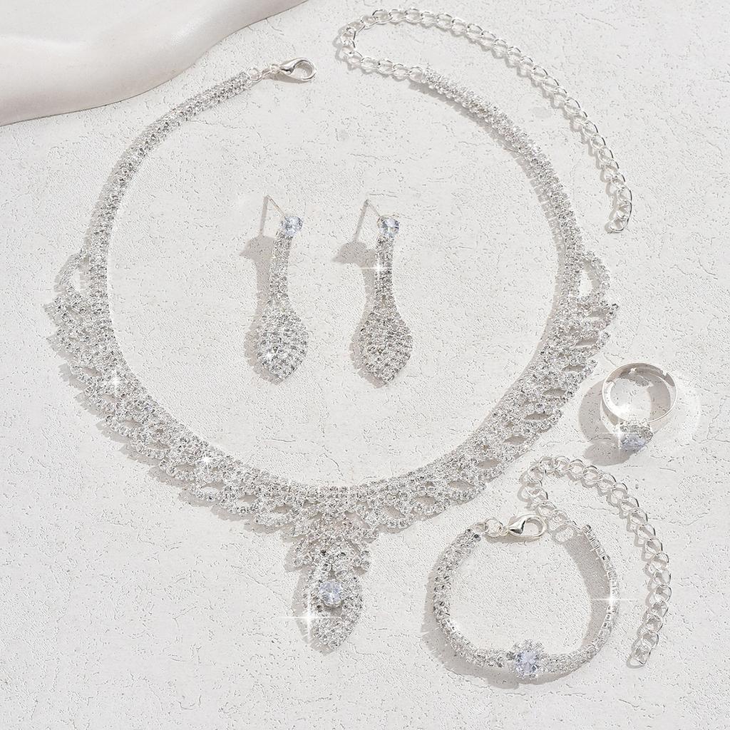 New Leaf Necklace Earrings Four-piece Set Fashion Bridal Wedding Rhinestone Accessories Necklace