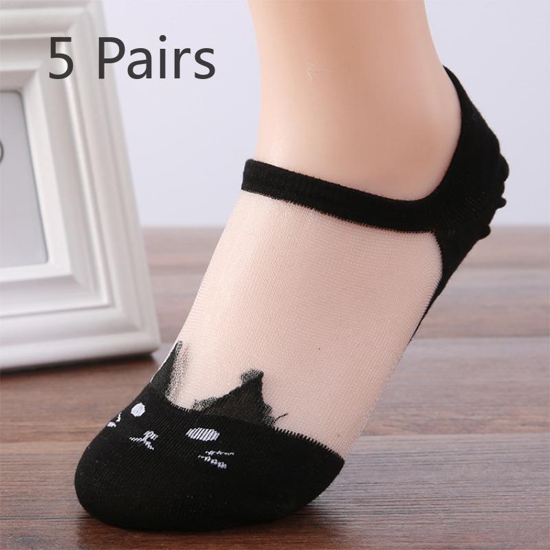 5 Pairs of Ladies Summer Cute Little Cat Transparent Shallow Mouth Ice Silk Lace Invisible Boat Socks
