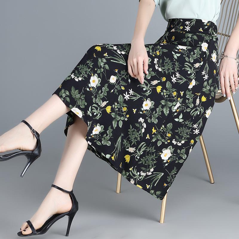 Bust skirt women's summer pleated skirt floral high waist a word women's drape versatile chiffon skirt spring women's small