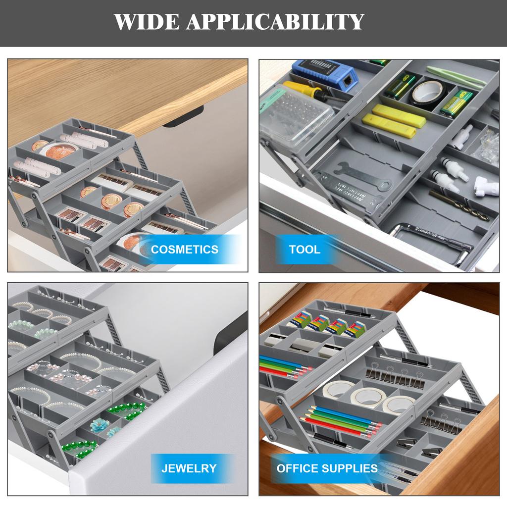 2/3 Tier Drawer Organizer Multi Level Collapsible Expandable Desk Organizer Trays For Office Supplies,Kitchen Cosmetics Utensils