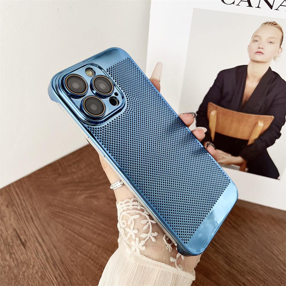Luxury Frameless Plating Armor Cooling Case for iPhone 15 14 13 Pro Max Shockproof Camera Protection Slim Breathable Mesh Cover