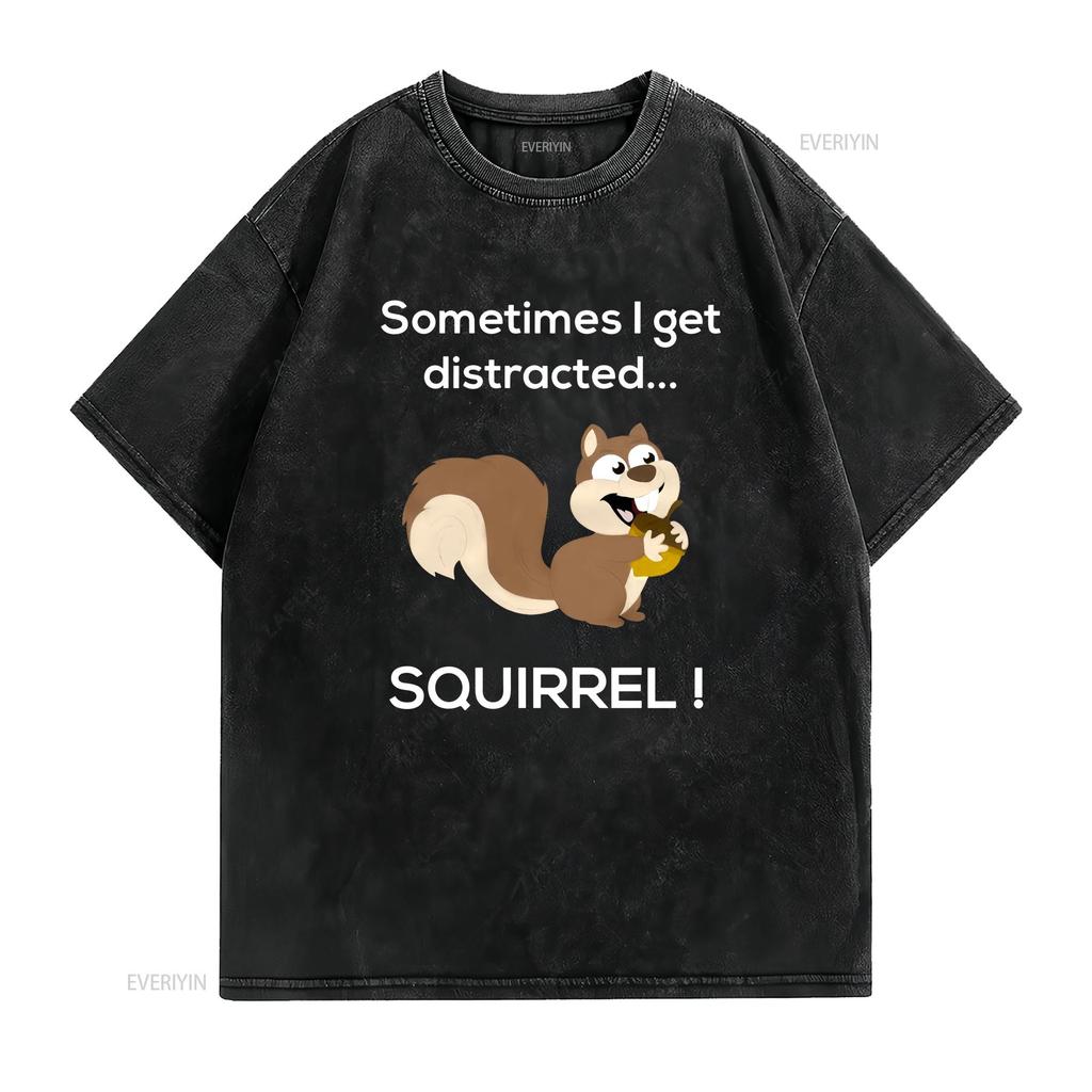 Funny Distracted Squirrel T Shirt Animal Zoo Farm Meme  vintage Washed streetwear Unisex homme Stretched Comfortable Casual