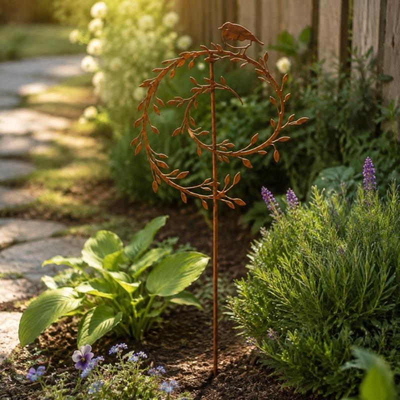Iron Garden Stake with Aged-Look Brown Finish and Bird Detail for Flowers, Lawn Edges, and Suitable Soil Placement