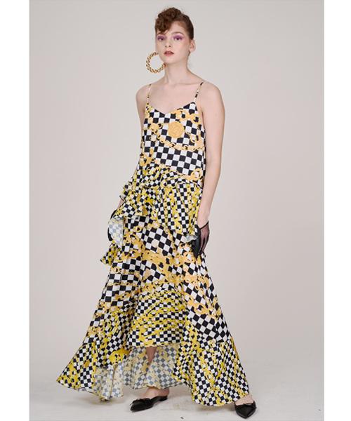 Greedius Checkerboard Chain Ruffle Dress