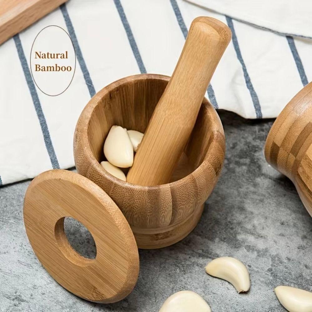 Premium Bamboo Wooden Mortar and Pestle Set Splash-proof Garlic Masher  Spice Mixing