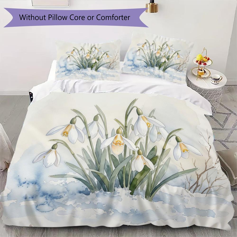 White Snowdrop Floral Pattern Bedding uilt Set uilt Cover Pillowcase Home Decoration Birthday Gift (1 * duvet cover + 2 * pillowcase without core)