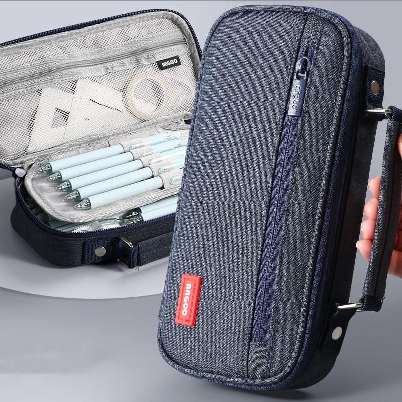 Portable Canvas Pencil Bag Student School Supplies Storage Bag Large Capacity Stationery Bag with Pen Holder Grid Belt Pen Case